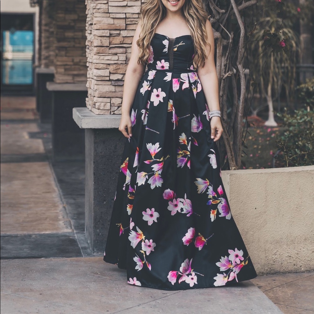 Black floral a line gown